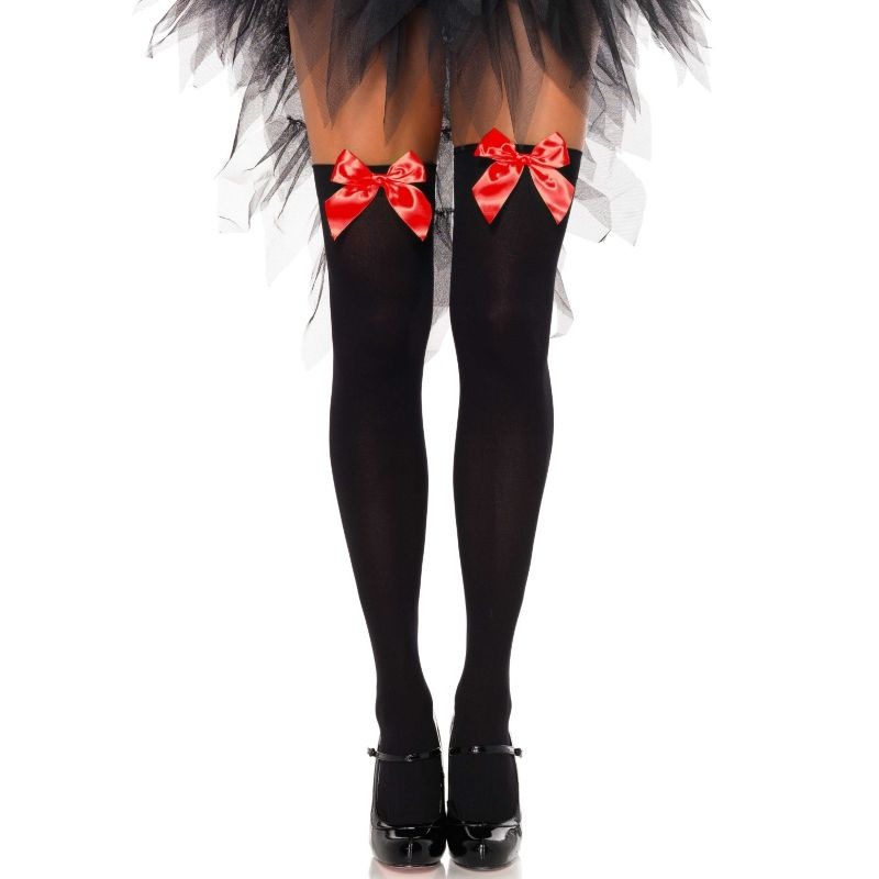 LEG AVENUE - AUTOREGGENTI IN NYLON NERO CON FIOCCO ROSSO TAGLIA UNICA
