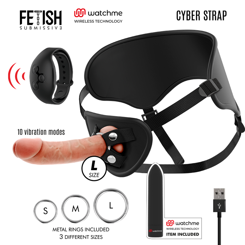 FETISH SUBMISSIVE CYBER STRAP - IMBRACATURA CON DILDO E PROIETTILE TELECOMANDO WATCHME L TECHNOLOGY