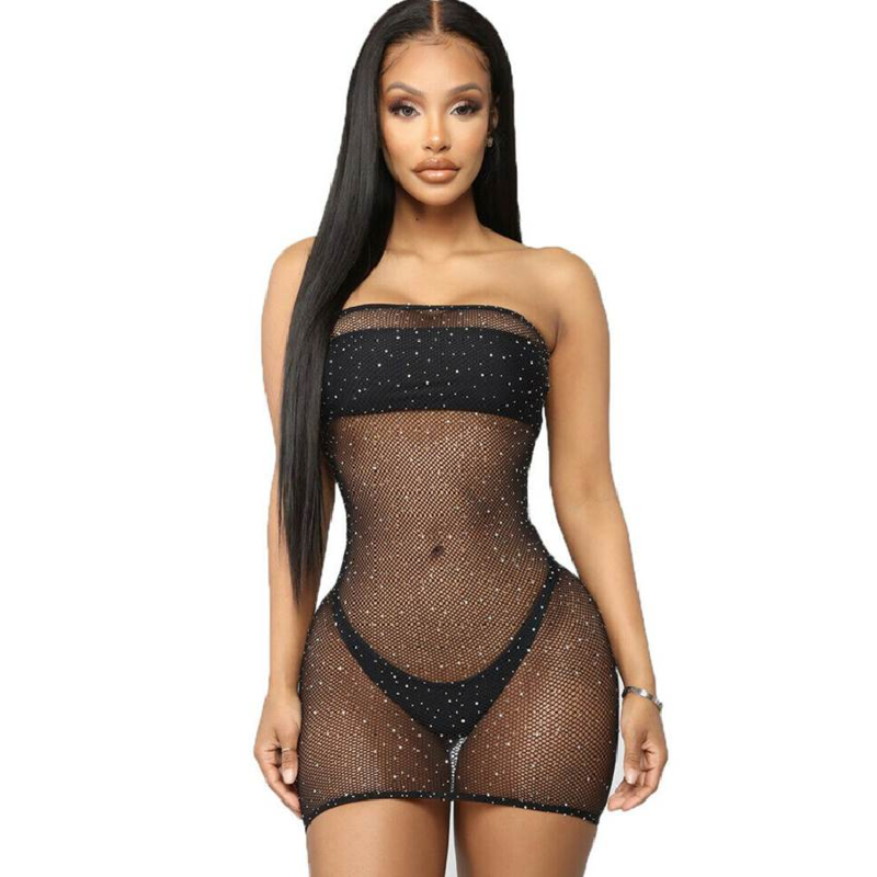 QUEEN LINGERIE - NET BODY DRESS WITH DIAMONDS S/L