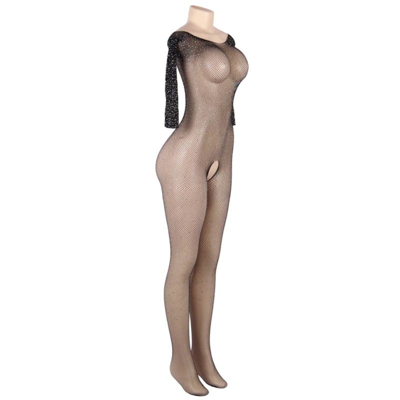 QUEEN LINGERIE - BODYSTOCKING A MANICHE LUNGE CON DIAMANTI S/L