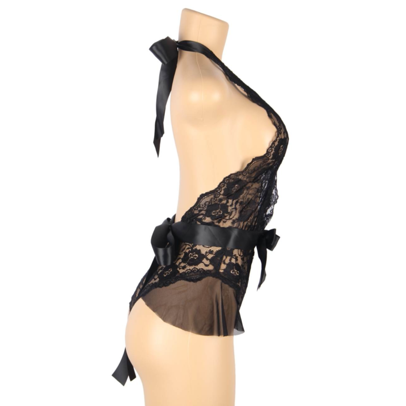 QUEEN LINGERIE - TEDDY AUS SPITZE MIT NIEDRIGEM SCHWARZEN HALS