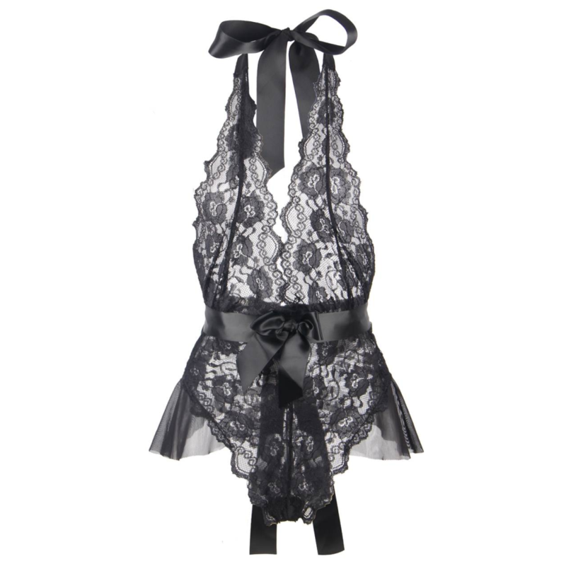 QUEEN LINGERIE - TEDDY AUS SPITZE MIT NIEDRIGEM SCHWARZEN HALS