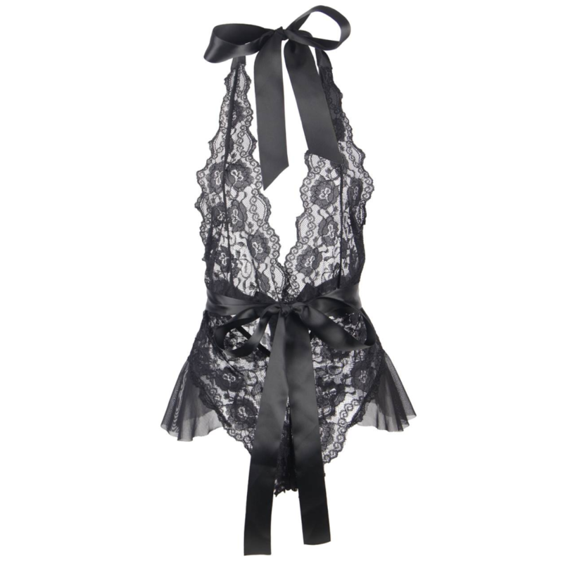 QUEEN LINGERIE - TEDDY AUS SPITZE MIT NIEDRIGEM SCHWARZEN HALS