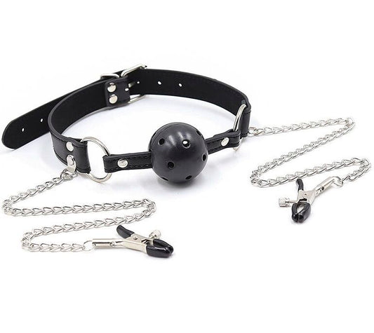 OHMAMA FETISH - BALL GAG CON VENTILAZIONI E MORSETTI PER CAPEZZOLI