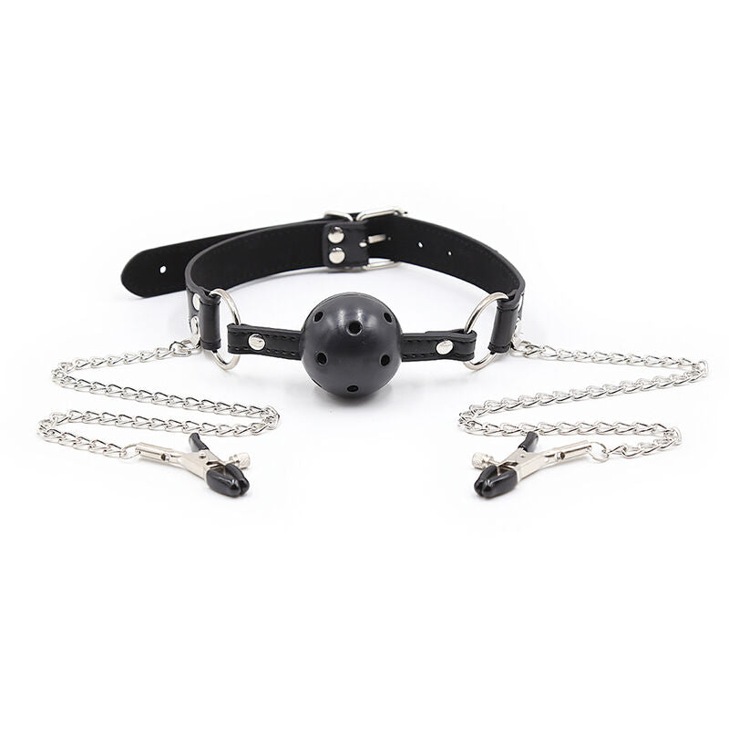 OHMAMA FETISH - BALL GAG CON VENTILAZIONI E MORSETTI PER CAPEZZOLI