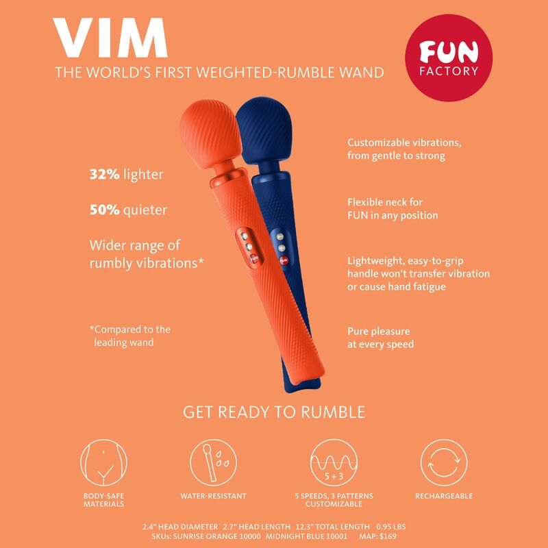 FUN FACTORY - BACCHETTA RUMBLE VIBRANTE PESATA RICARICABILE IN SILICONE VIM BLU NOTTE