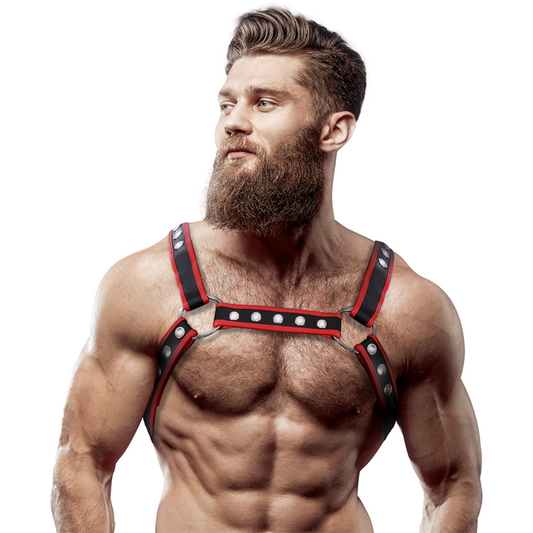 FETISH SUBMISSIVE ATTITUDE - MEN'S ECO-LEATHER CHEST BULLDOG HARNESS BLACK/RED