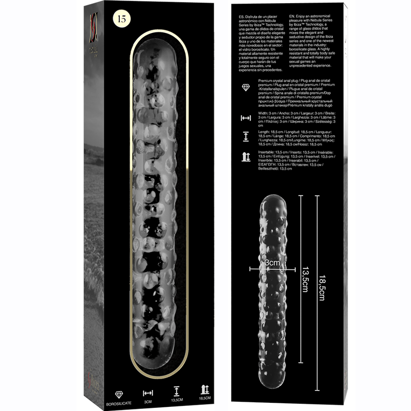 NEBULA SERIES BY IBIZA - MODEL 15 DILDO BOROSILICATE GLASS CLEAR 18.5 CM -O- 3 CM