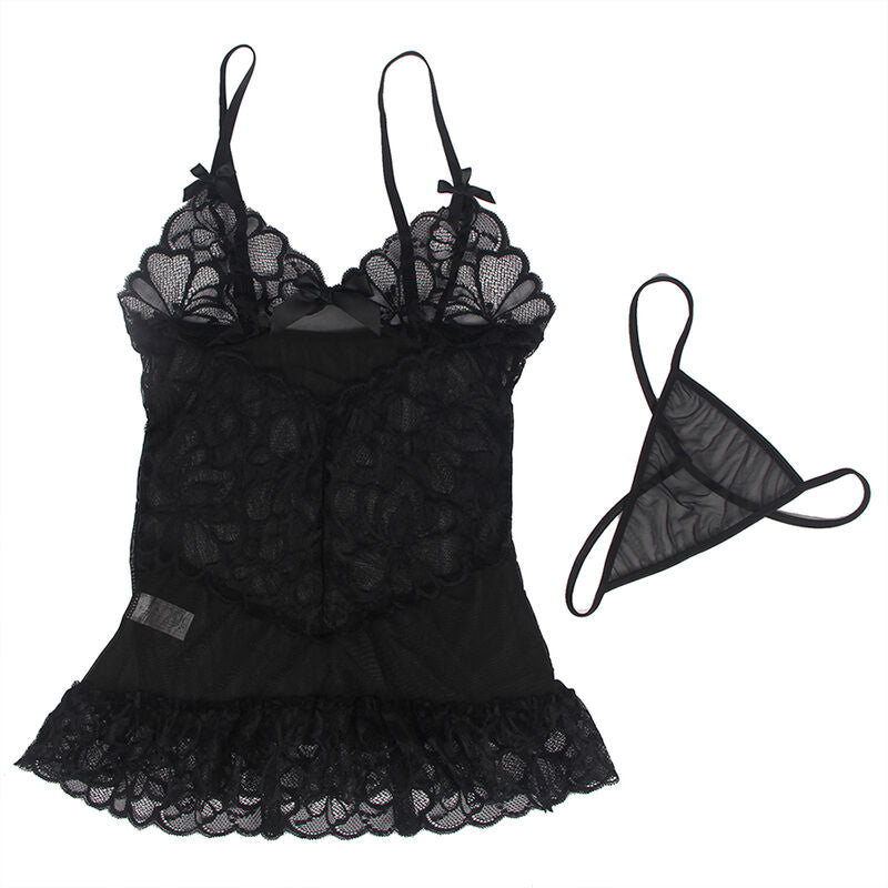 SUBBLIME - BABYDOLL CON SPALLINE REGOLABILI E PIZZO TRASPARENTE STAMPA FLOREALE NERO S/M