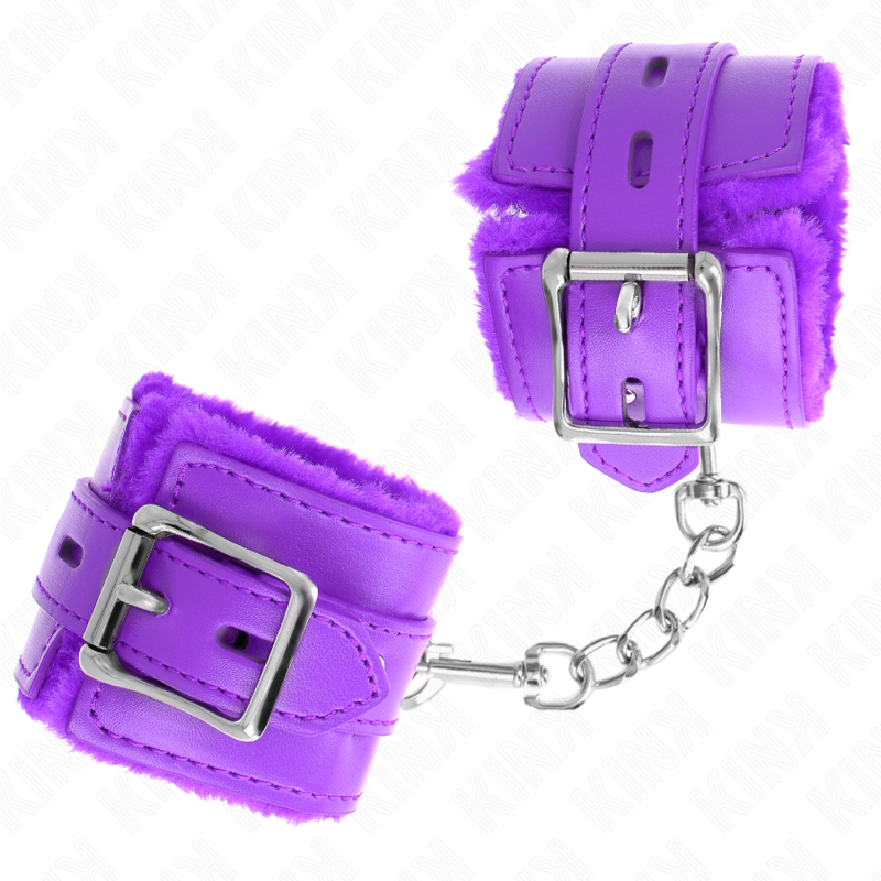 KINK - FUR LINED WRIST RESTRAINTS WITH SQUARE HOLES PURPLE AND PURPLE BELT ADJUSTABLE 17-29 CM X 6 CM