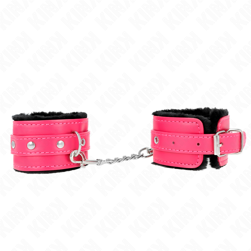 KINK - CINTURE PER POLSI RIVESTITE IN PELLICCIA PREMIUM NERE CON CINTURA ROSA LAMPONE REGOLABILE 17-29 CM X 6 CM