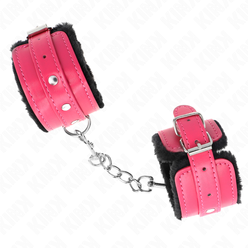 KINK - CINTURE PER POLSI RIVESTITE IN PELLICCIA PREMIUM NERE CON CINTURA ROSA LAMPONE REGOLABILE 17-29 CM X 6 CM