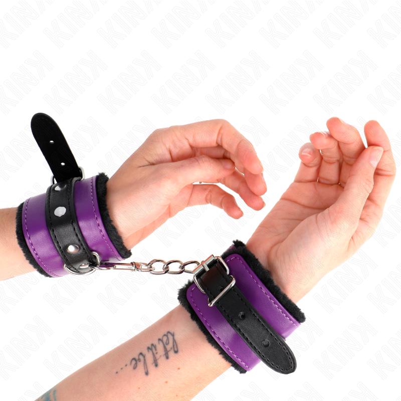 KINK - CINTURE PER POLSI PREMIUM RIVESTITE IN PELLICCIA NERE CON CINTURA VIOLA/NERA REGOLABILI 17-29 CM X 6 CM