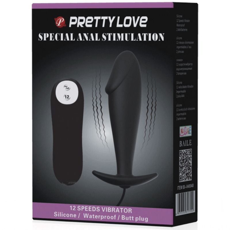 PRETTY LOVE - TAPPO ANALE IN SILICONE A FORMA DI PENE E 12 MODALITÀ DI VIBRAZIONE NERO