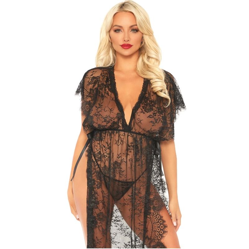 LEG AVENUE - 2-TEILIGES SET SPITZENKAFTEN ROBE UND TANGA S/M