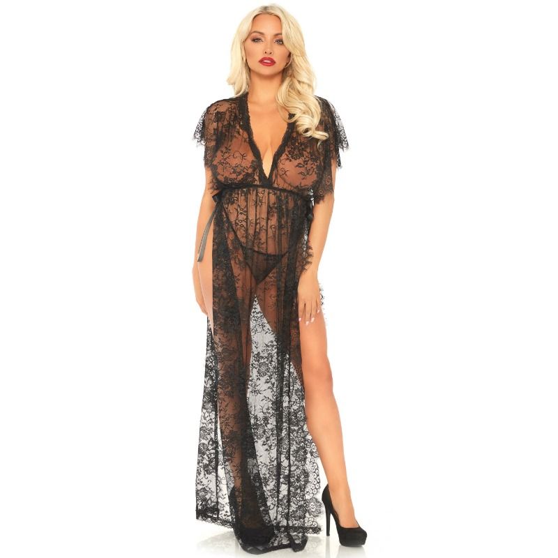 LEG AVENUE - 2-TEILIGES SET SPITZENKAFTEN ROBE UND TANGA S/M