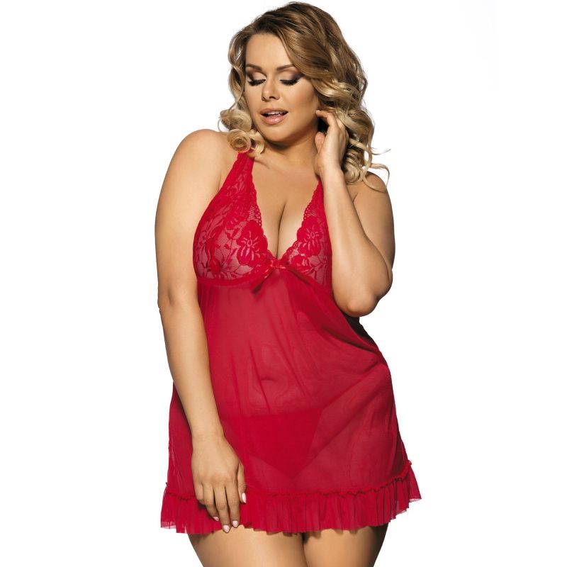 SUBBLIME - QUEEN PLUS BABYDOLL ROSSO CON MOTIVI FLOREALI SUL SENO