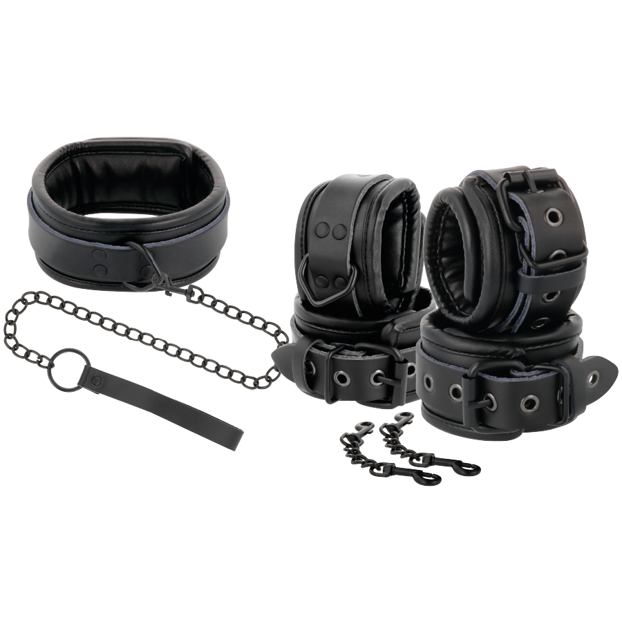 DUNKELN - SCHWARZE HANDSCHELLEN UND HALSBAND AUS LEDER